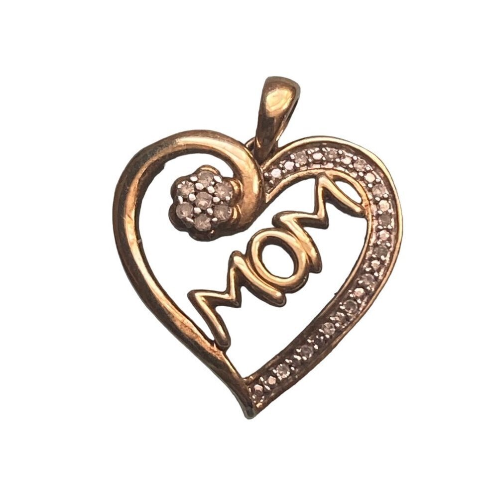 Diamond Mom Heart Pendant Gold Vermeil 925 Sterling Silver Setting Signed CJ
